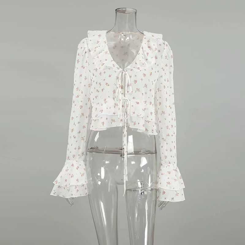 

Новинка Французская Сексуальная Блузка с V-образным вырезом и рукавами-клеш, завязывающаяся, с принтом в виде листьев лотоса Print S