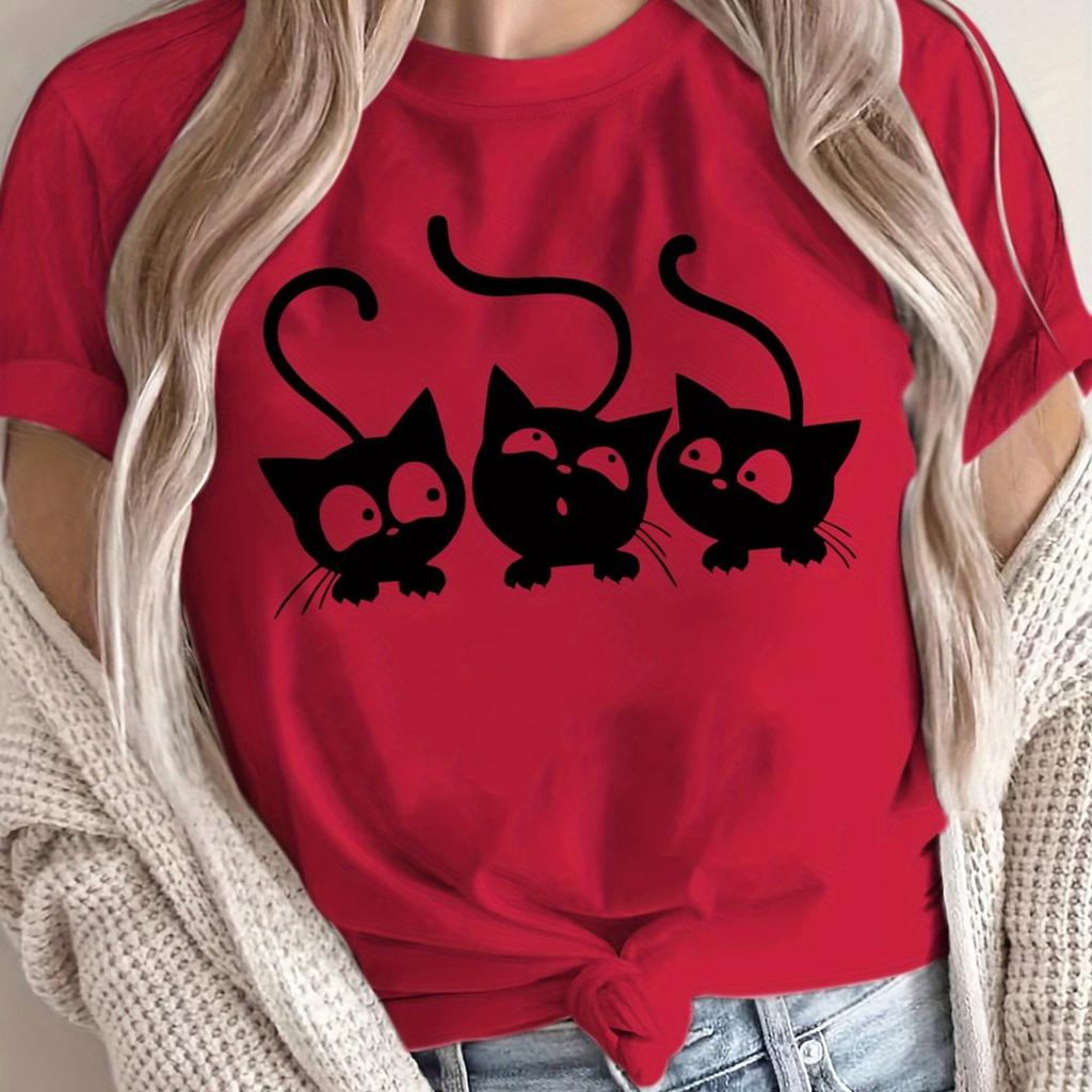 Women's Plus Size Cute Cat Prints T-shirt Cotton Breathable Fashionable and Versatile Unisex Streetwear Oversized