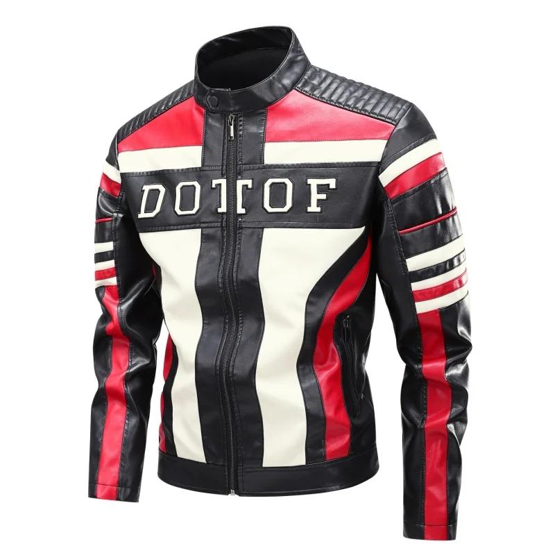 

High Street Men s Vintage Biker Leather Jacket Autumn Winter Retro Stand Collar Motorcycle Pu Coat Warm Windproof Casual Jacket S красный черный