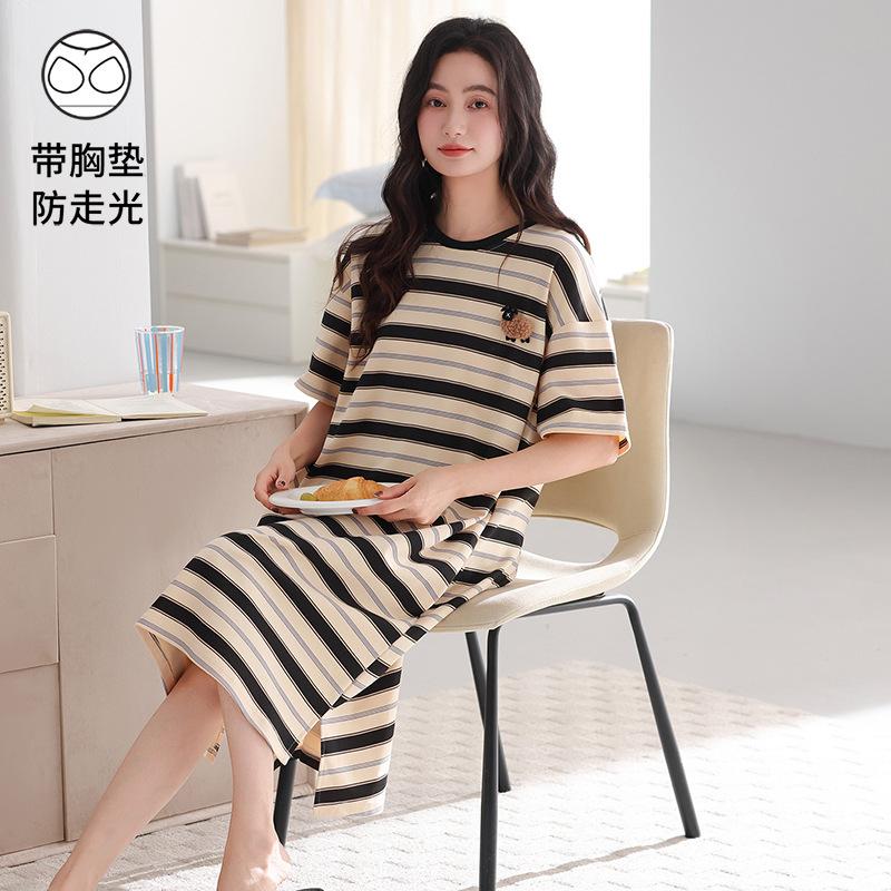 With Chest Pad~ Casual Nightdress Women's Summer Thin Cotton Short-sleeved Striped Medium and Long Dress Large Size Loungewear 55kg