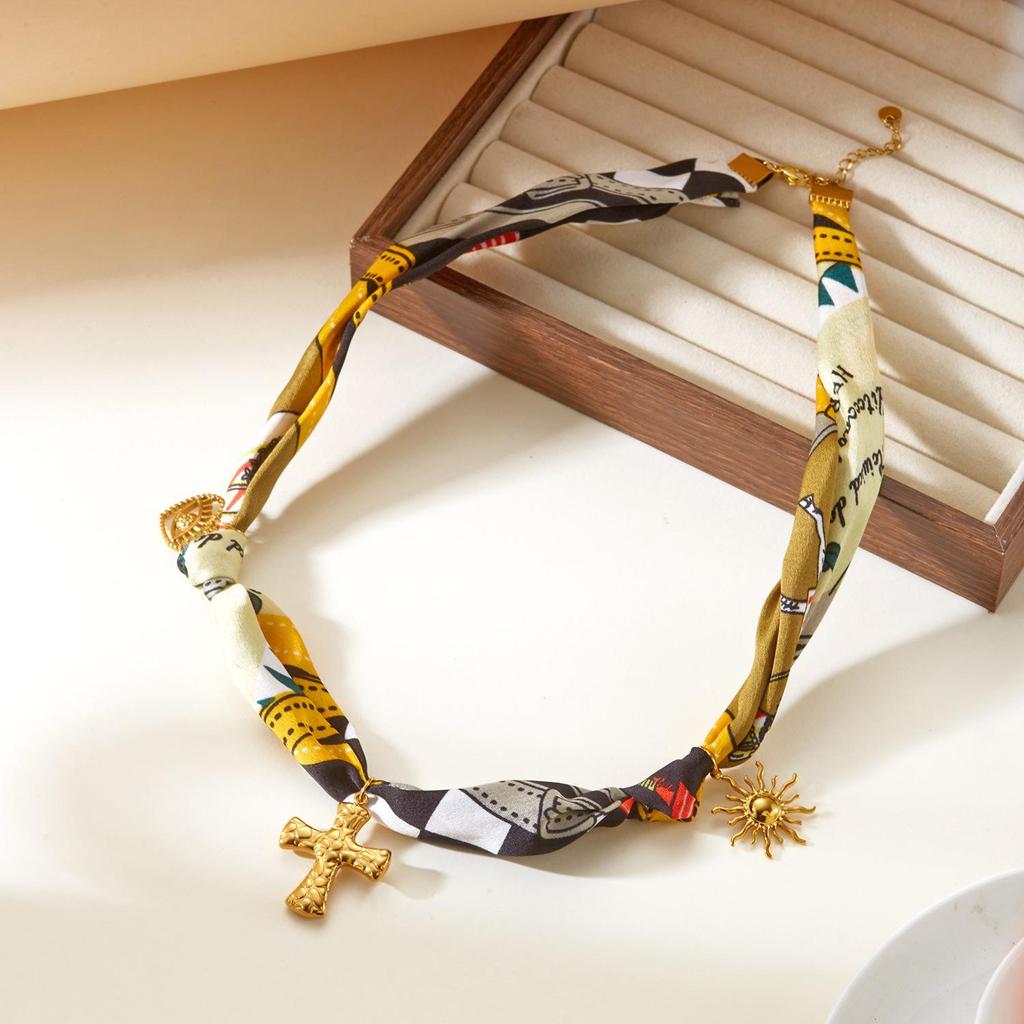 Bohemian Silk Scarf Necklace with Sun Heart Pendant Chain