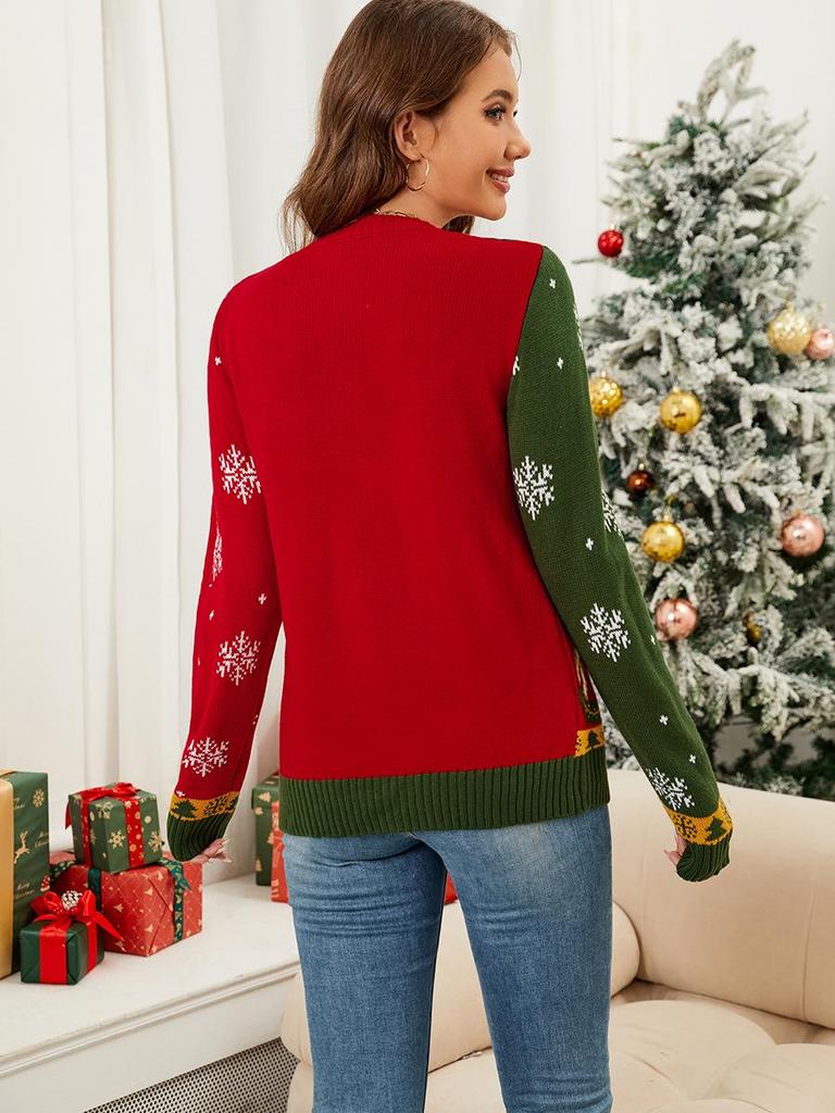 Hot-Selling Autumn/Winter Long Sleeve Color Block Jacquard Christmas Cardigan 