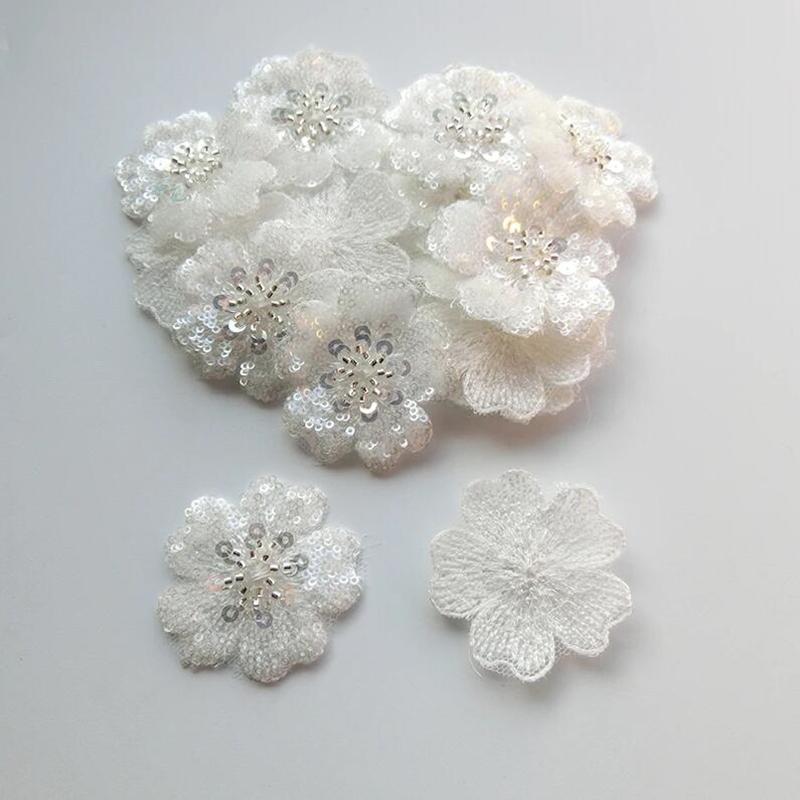 5 st 3D Vita Blomma Paljetter Pärlbroderad Spetslapp Reparation Applikation DiY Kläddekorationstillbehör
