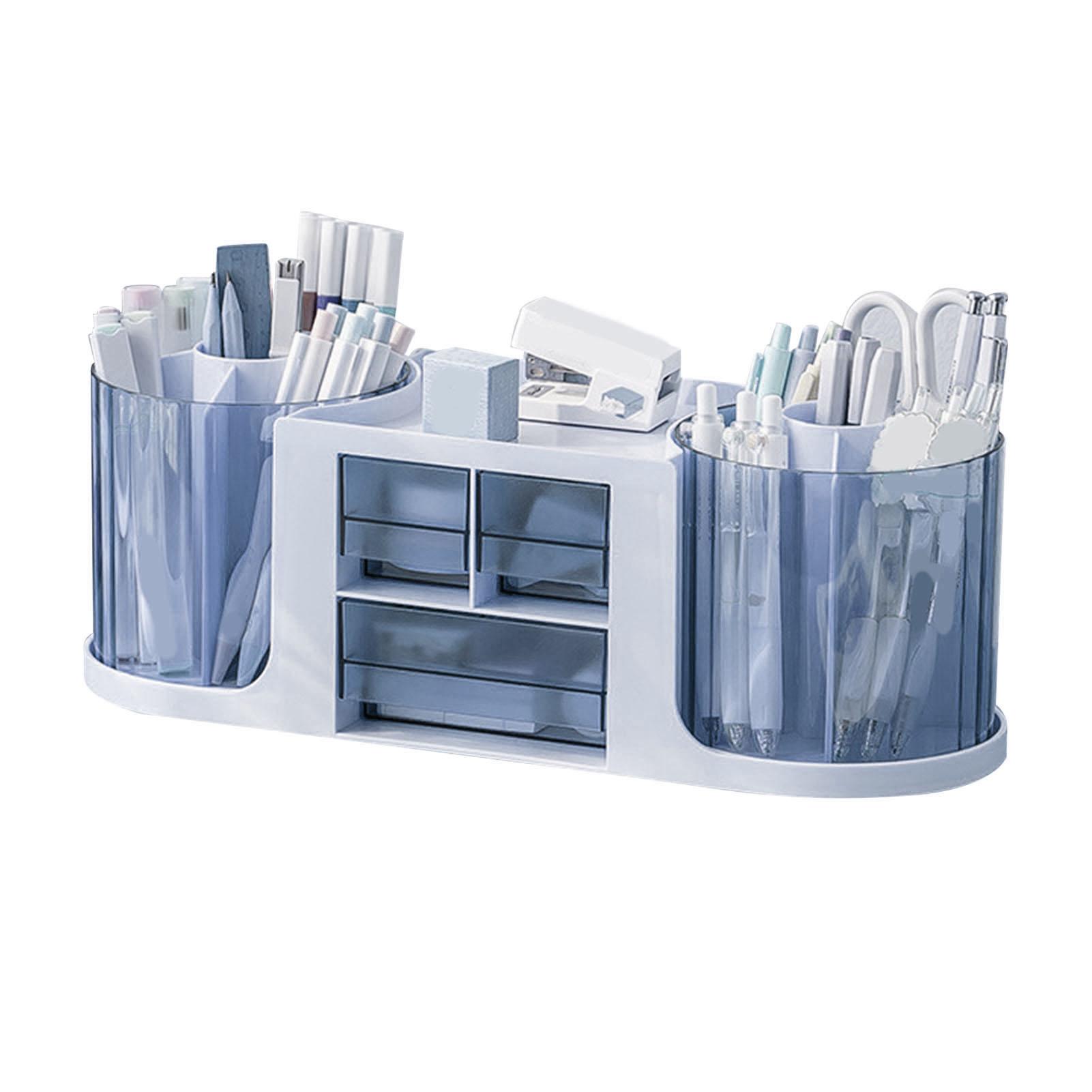 

Обертова на 360 градусів підставка для ручок Пластикові настільні органайзери з 2 тримачами для ручок та шухлядою для офісного шкільного приладдя Blue