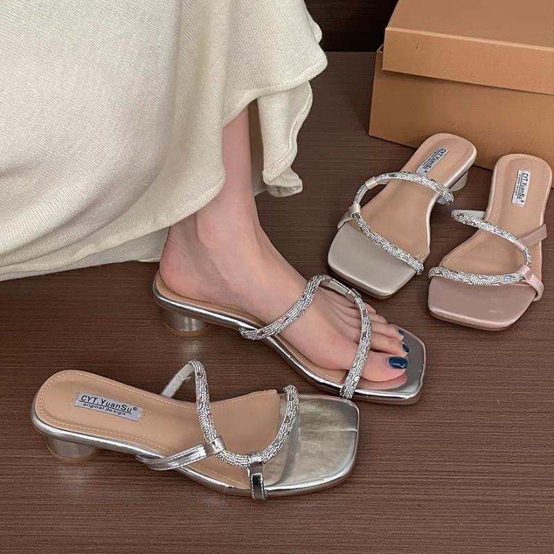 Fashion Sexy Women's Heeled Slippers Designer Shallow Shoes Summer Fashion New Chunky Sandals Pumps 2025 Trend Elegant Square Toe Slides