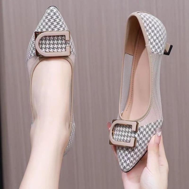 Fashion Women High Heels Pumps Pointed Toe Shallow Heels Women Chunky Heels Slip-on Office Work Shoes Women Fashion Mesh Designer Shoes