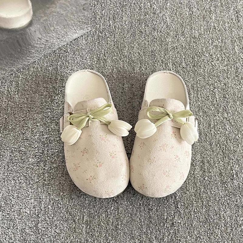 Fashion Sweet Mint Green Close Toe Slides Women Summer 2025 Round Toe Soft Sole Medium Heel Slippers Fashion Soft Sole Outdoor Slippers