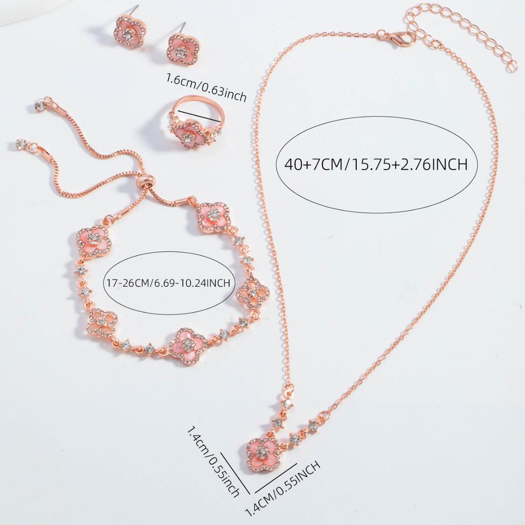 4PCS Diamond Clover Pink Bracelet Necklace Earrings Ring Set Niche Premium Light Luxury Women's