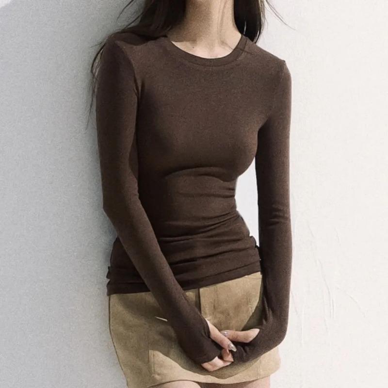 Women's Brown Crew Neck Long Sleeve Top Slim-fit Casual Basic T-shirt