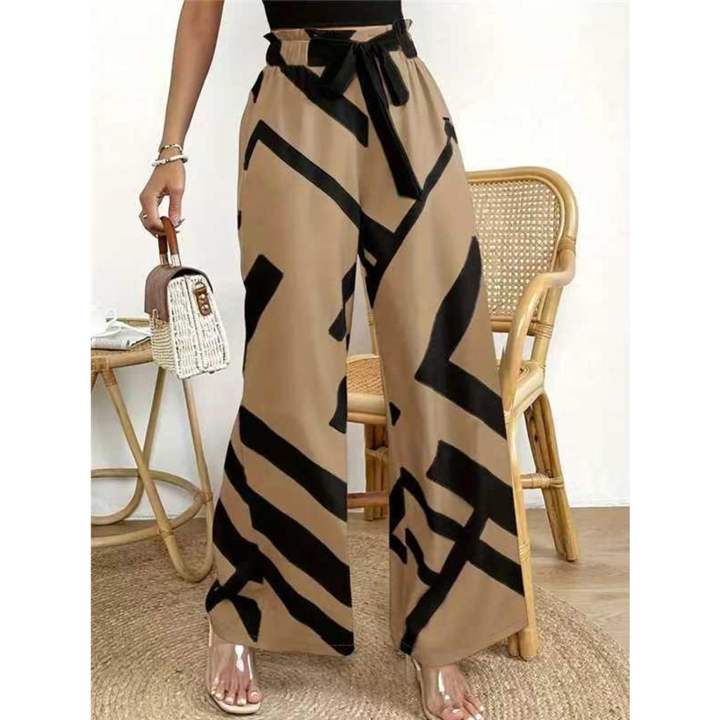 women's Casual Geometric Print Elastic High Waist Self Tie Wide Leg Long Trousers Summer Beach Palazzo Pants