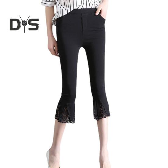 Dámské zkrácené kalhoty, jednobarevné, vysoce elastické, letní, rozšířené kalhoty, krajkové prošívání, těsné legíny s kapsami