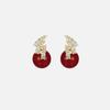 Simple Temperament Autumn and Winter Ankela Red Pearl Stud Earrings Super Flash Zircon New Ear Clips No Holes Exquisite Earrings
