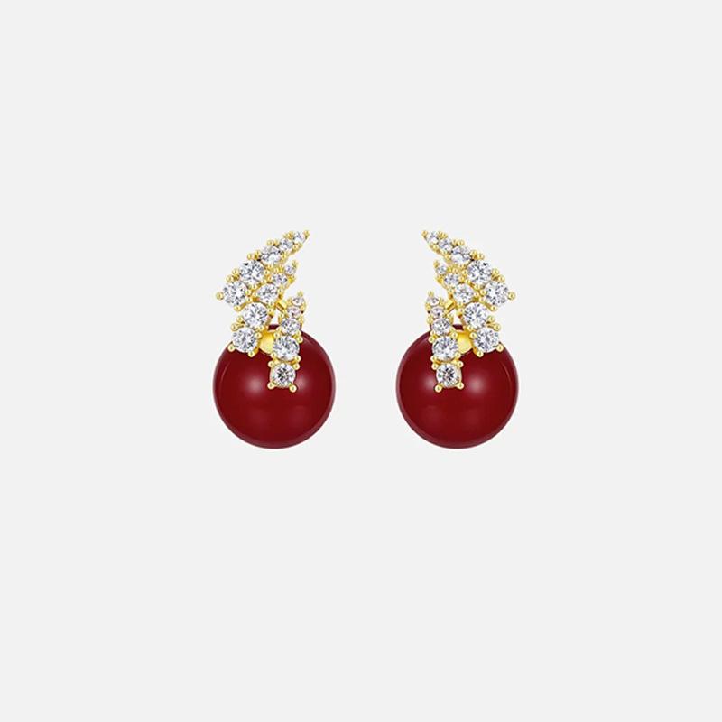 Simple Temperament Autumn and Winter Ankela Red Pearl Stud Earrings Super Flash Zircon New Ear Clips No Holes Exquisite Earrings