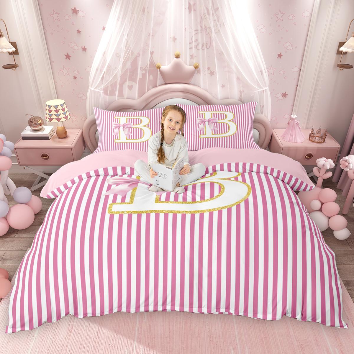 

Comforter Homewish Bow Knot Monogrammed For Girls Pink Stripe Comforter Set Personalized Initial Bed Set Comforter (quilt)-EU Single(135*200cm)3pcs