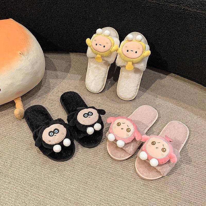 Non-slip Indoor Outing One-word Slippers 2025 Autumn and Winter New Cute Cartoon Slippers Women's Home Soft-soled Cotton Slippers