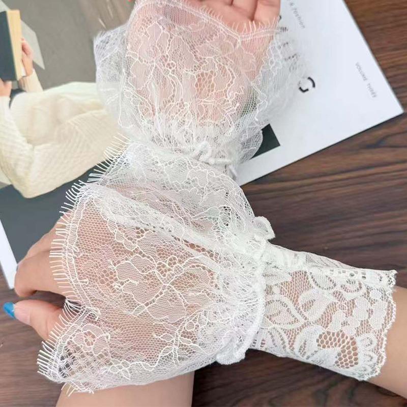 2pairs Mesh Lace Sweater Decorative Sleeves Women Black White Ruffles Elbow Mittens Cuff Detachable Wedding Dress Fake Sleeves