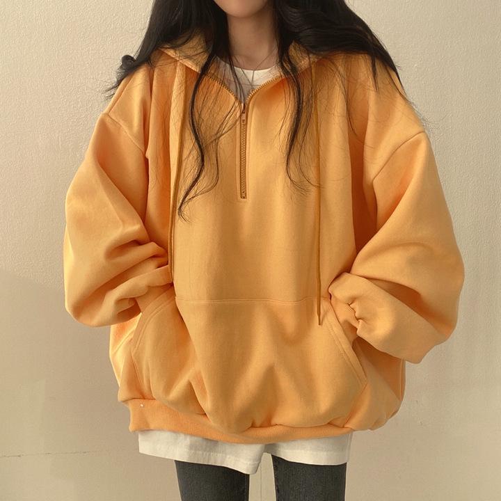 Felpa con cappuccio pullover con zip in stile coreano da donna - Vestibilità ampia, con velluto, leggera, ideale per tutte le stagioni