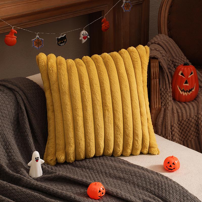 Autumn & Winter Plush Stripe Lumbar Pillow - Christmas Orange & Halloween Rabbit Fur Texture Throw Cushion