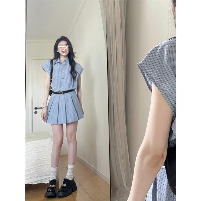

Женское платье-рубашка в синюю полоску - Лето 2024 г., студенческий стиль, с плиссированной юбкой на талии XL