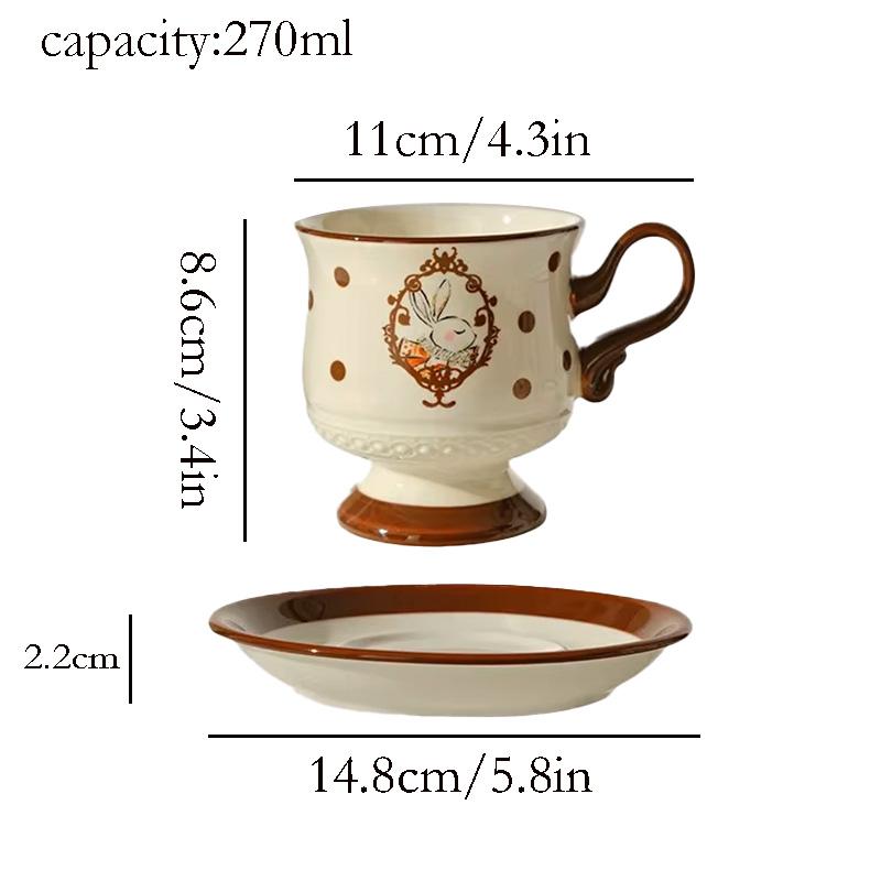 

Vintage Ceramic Cup and Saucer Set with Polka Dots, Retro Rabbit Illustration, Coffee Tea Mug, Creative Gift Tableware 270ml