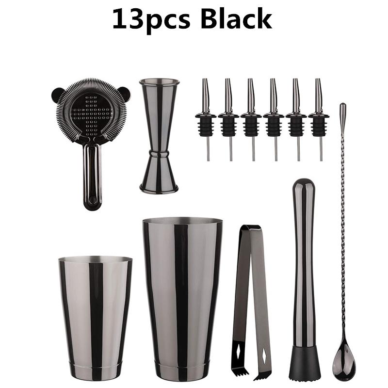 Koktejl Shaker Bar Set: 2 vážené Boston shaker, cedítko na koktejly, odměrka, muddler a lžička, kleště na led a 6 nalévátek na lahve