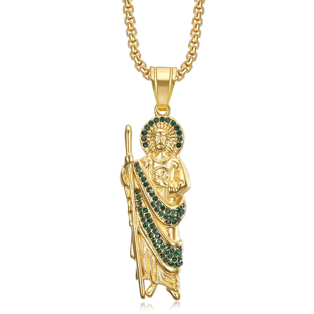 2026 Men s Fashion Personality Party Wear Accessories, Titanium Steel Gold Plated with Green Diamonds St. Jude Pendant Necklace 60CM
