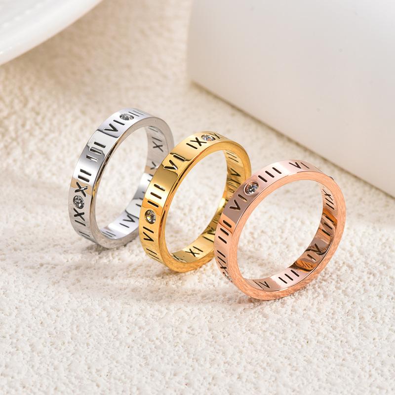 Titanium Steel Roman Numerals Diamond-encrusted Ring Non-fading Personalized Ring Men's and Women's Rings Couple's Rings
