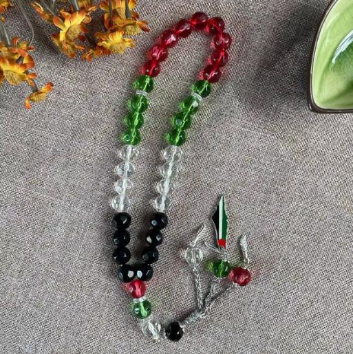 Tasbih Cristal 33 Perles Couleurs Palestine, Bracelet de Prière Musulman Rouge Vert Blanc Noir, 3 Longueurs pour la Prière & la Mode