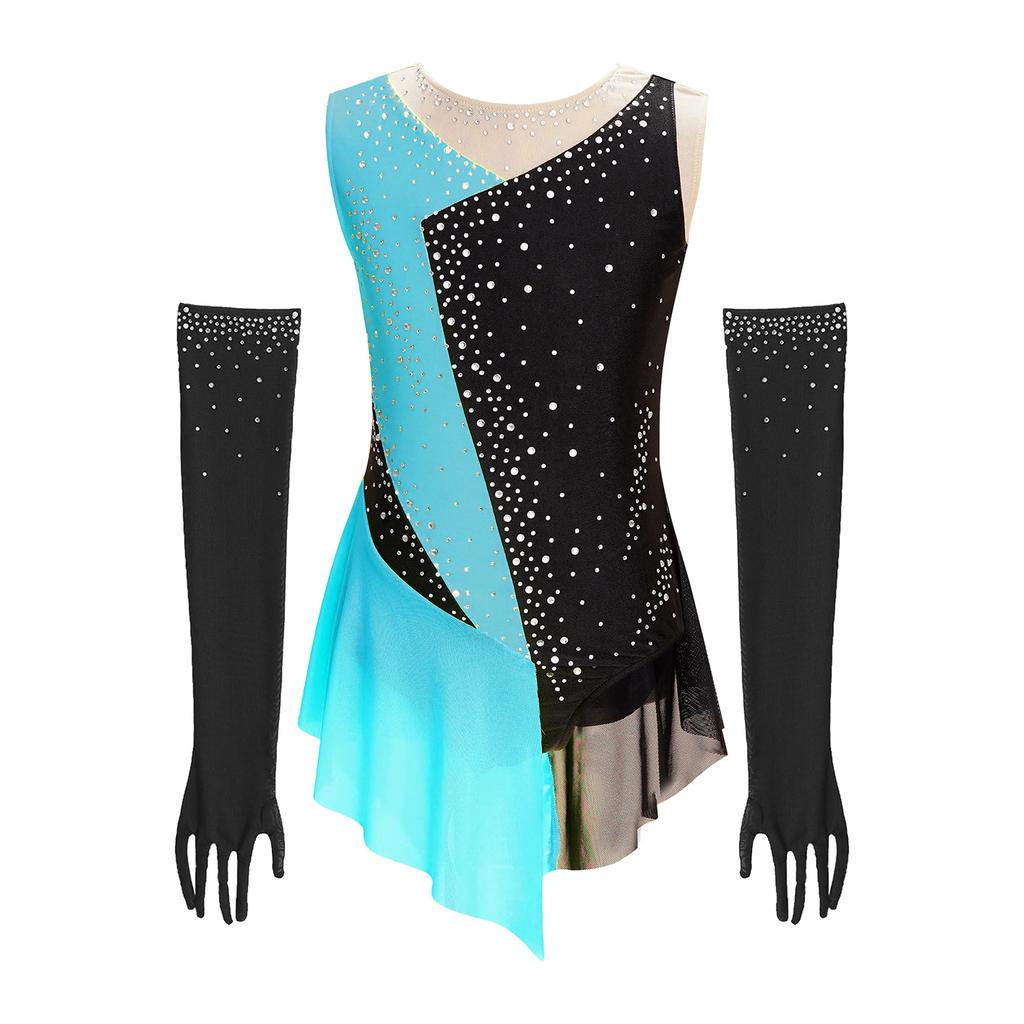 Kids Girls Latin Dance Figure Skating Leotard Sleeveless Mesh Patchwork Shiny Rhinestone Color Block with 1 Pair Gloves Competition Stage Performance