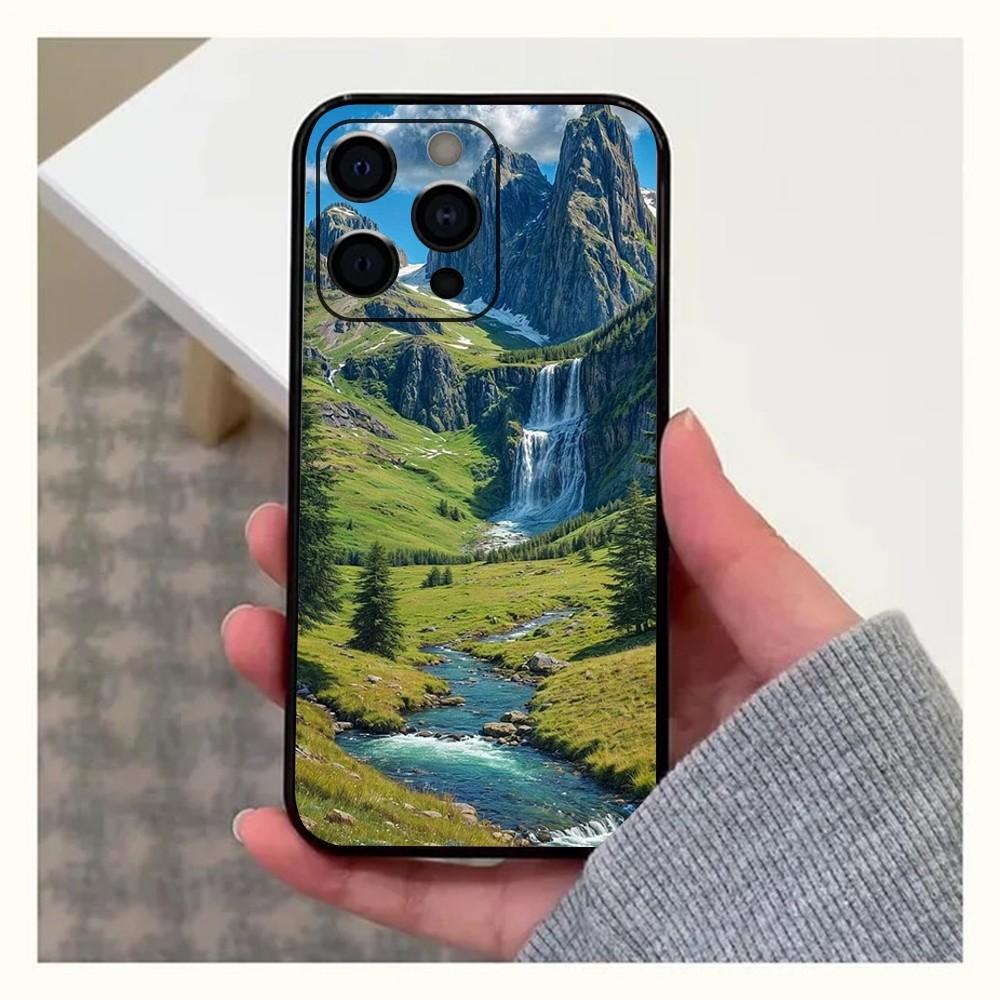 Waterfall nature Trees ship Phone Case For Apple iPhone 15,14,13,12,11,Pro,X,XS,Max,XR,Plus,Mini Soft Black Cover