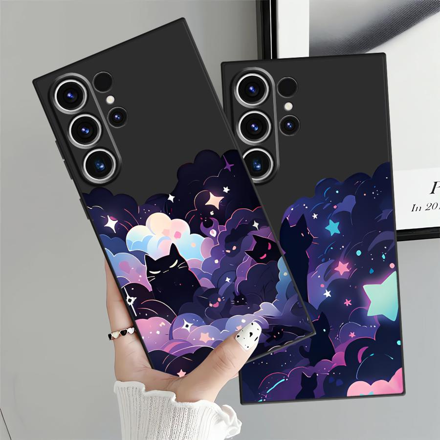 Case for Samsung Galaxy S25 S24 Plus S20 Ultra S21 FE S10 S9 Note 20 8 9 10 S23 S26 Funda Phone Cover Black Cat Starry Night