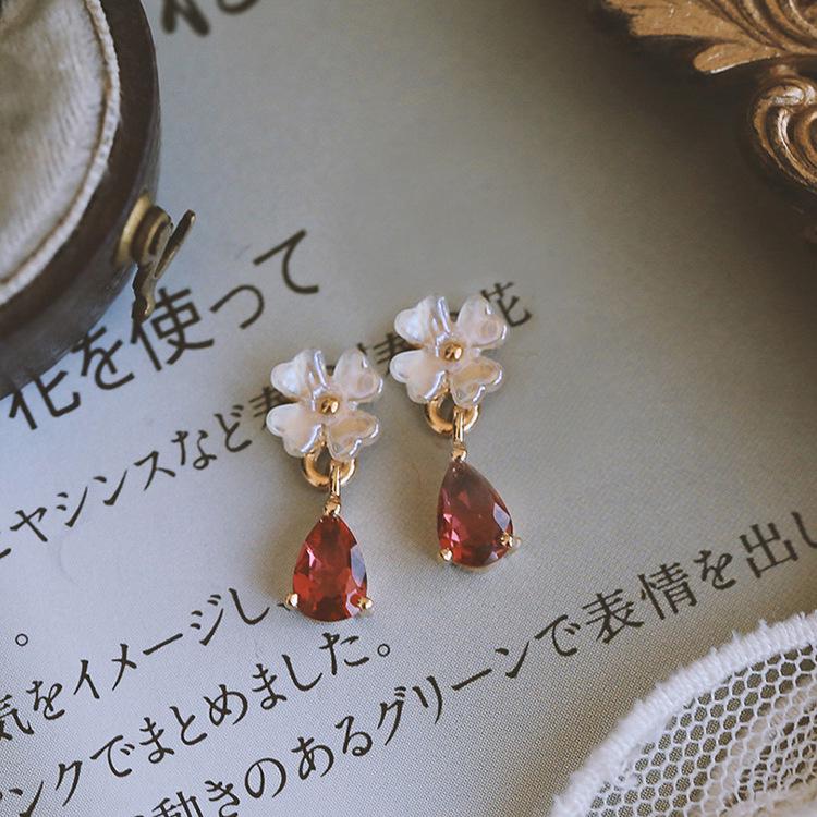 

Elegant Retro Teardrop Red Zircon Flower Earrings in S925 Sterling Silver