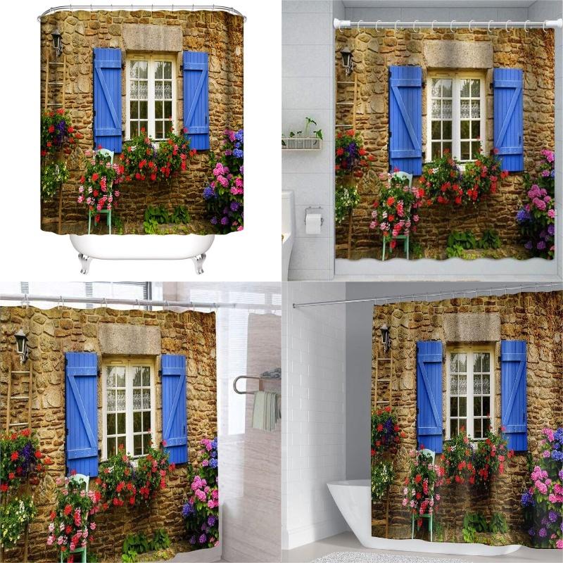 Polyester Printed Bathroom Shower Curtain With Modern Window Design