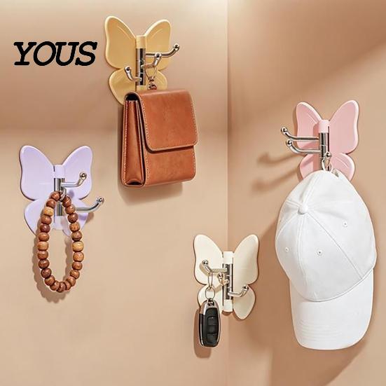 Hair Tie Holder Hook Rotating Butterfly Adhesive Wall Hooks, 3-Prong No-Drill Swivel Hangers, with Key Adjustable Angle Space-Saving Hook, for