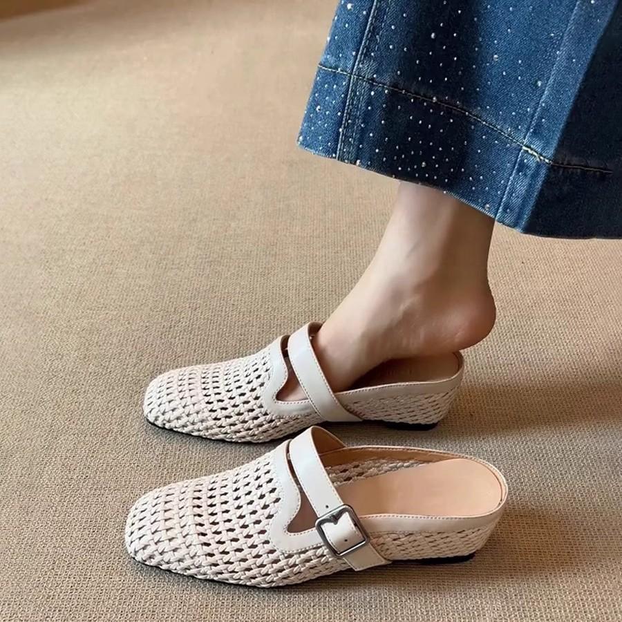 Sheepskin version~ French woven holiday slope heel bag head cool slippers women wear one pedal belt buckle muller shoes