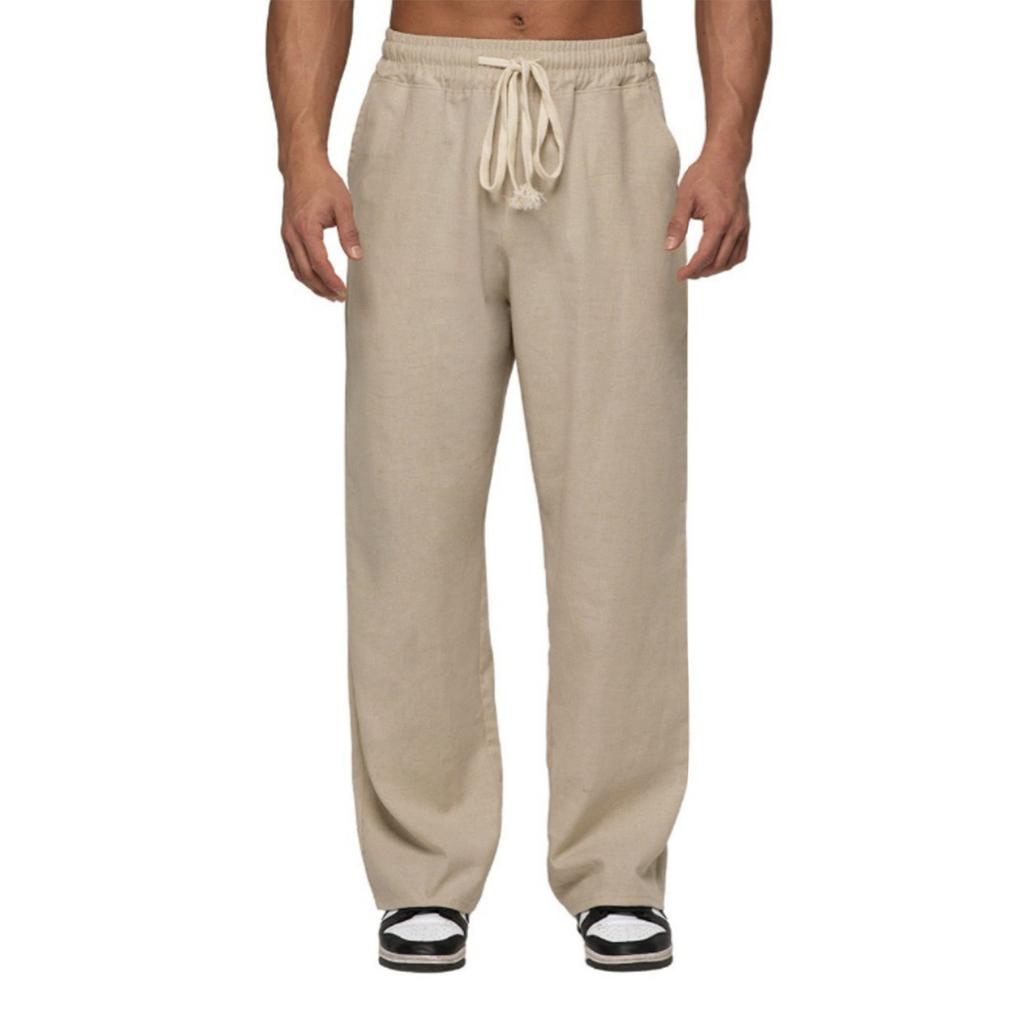 Mens Casual Cotton Linen Pants Elastic Waist Drawstring Summer Beach Pants Lightweight Loose Fit Yoga Trousers