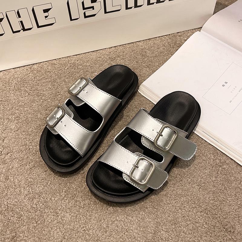 

Fashion Thick-soled fashionable outdoor sandals for women in spring, new belt buckle casual slip-on lazy flip flops 35 серебряный