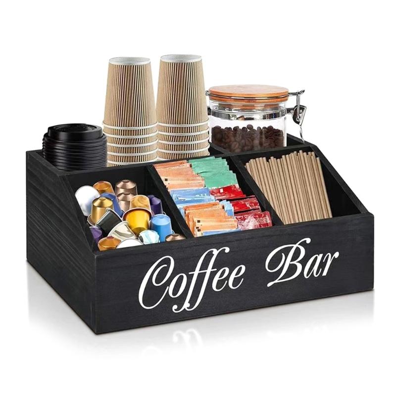 Multi Functional Coffee Accessories Storage Box Natural Wood Teas Condiment Organizer with Multiple Compartments
