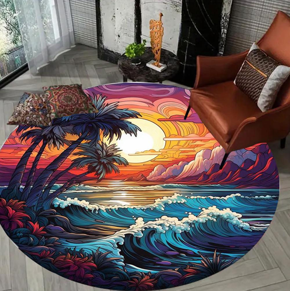Retro Japanese Kanagawa Waves Round Carpet Non-Slip Rug for Living Room Bedroom Sofa Coffee Table, Home Area Mat
