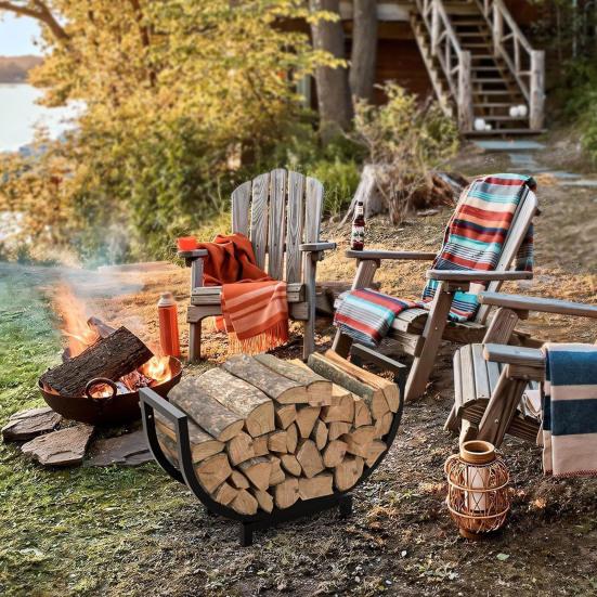 Wewnętrzny Zewnętrzny Stojak na Drewno Opałowe Wytrzymały Odporny na Rdzę Metalowy Zakrzywiony Uchwyt na Polana Kominek Patio Taras Palenisko Stojak Organizer do Przechowywania Drewna Opałowego