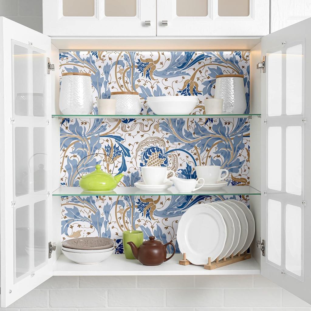 Blooming Wall DPYC01 Blue Pomegranate and Rolled Flower and Leaves Textured Peel and Stick Wallpaper Self-Adhesive Prepasted Wallpaper