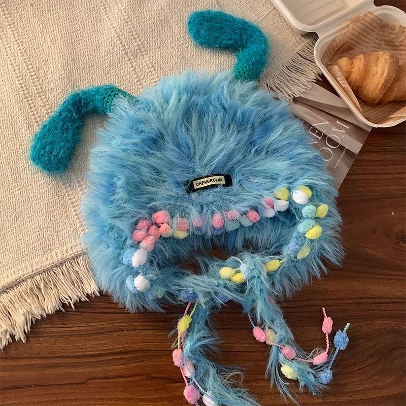 

Funny Little Monster Hat Winter Cute Dopamine Plush Knitted Hat Thickened Warm Ear Protector Plush Hat One size [54-58CM] зелений