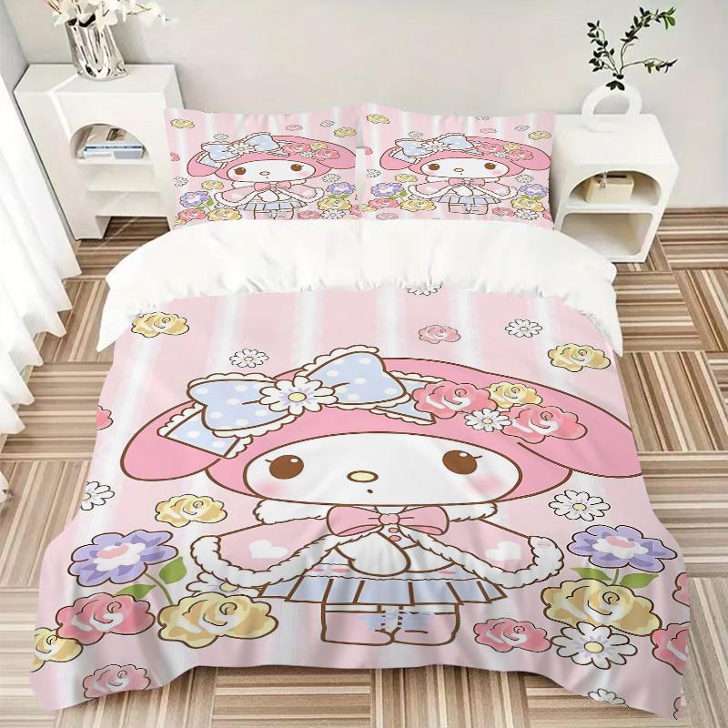 3pcs My Melody's Floral Fantasy Printed Duvet Cover Set (1 * Cover+2 * Pillowcase, Without Core), Suitable for Home Bedroom, Guest Room, Dormitor