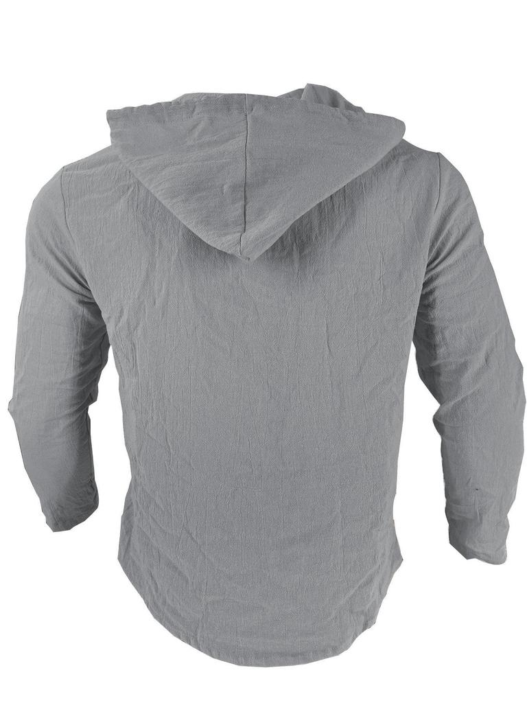 2024 Men's Solid Color Cotton-Linen Hooded Long-Sleeve T-Shirt for Spring & Summer