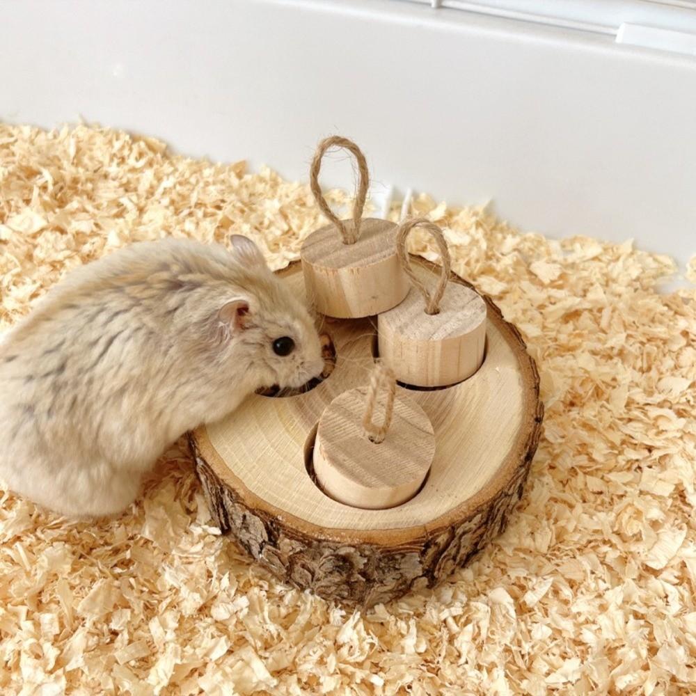 Natural Wood Bunny Toy Round Shaped 3-Grid Hamster Foraging Toy Educational Toy Bite-resistant Rabbit Chewing Toy Pet Supplies