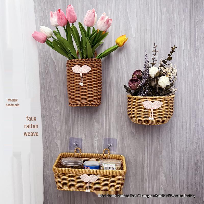 Wall-Mounted Rattan-Style Storage Rack for Kitchen & Bathroom