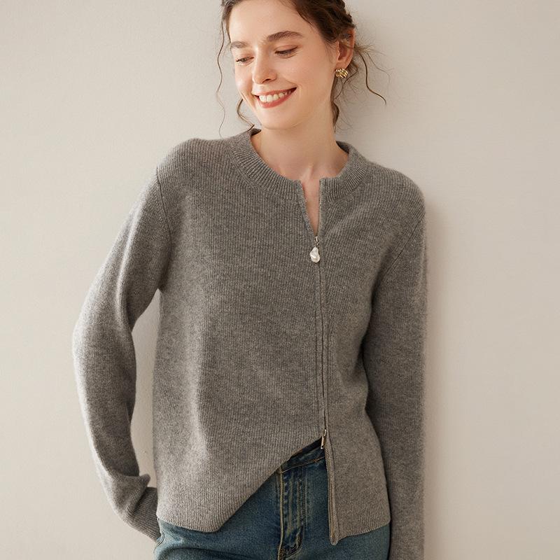 

Женский кашемировый вязаный кардиган с круглым вырезом и диагональной молнией - Мягкий, приятный к коже, теплый свитер для верхней одежды S (85-100 jin)