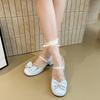 Plus Size Mary Jane Single Shoes Summer Round Toe Open Toe Bow Slip Strap Anti-Slip Wear-Resistant Square Heel Shoes