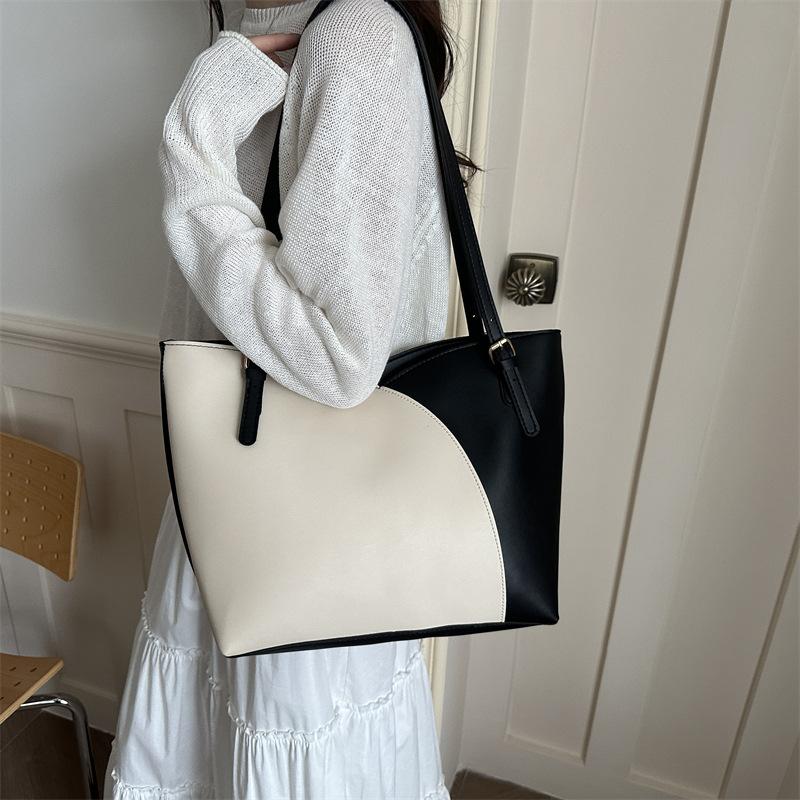 Black White Color Block Tote Bag Large Capacity Shoulder Bag For Women Casual Work Office Travel Shopping Handbag