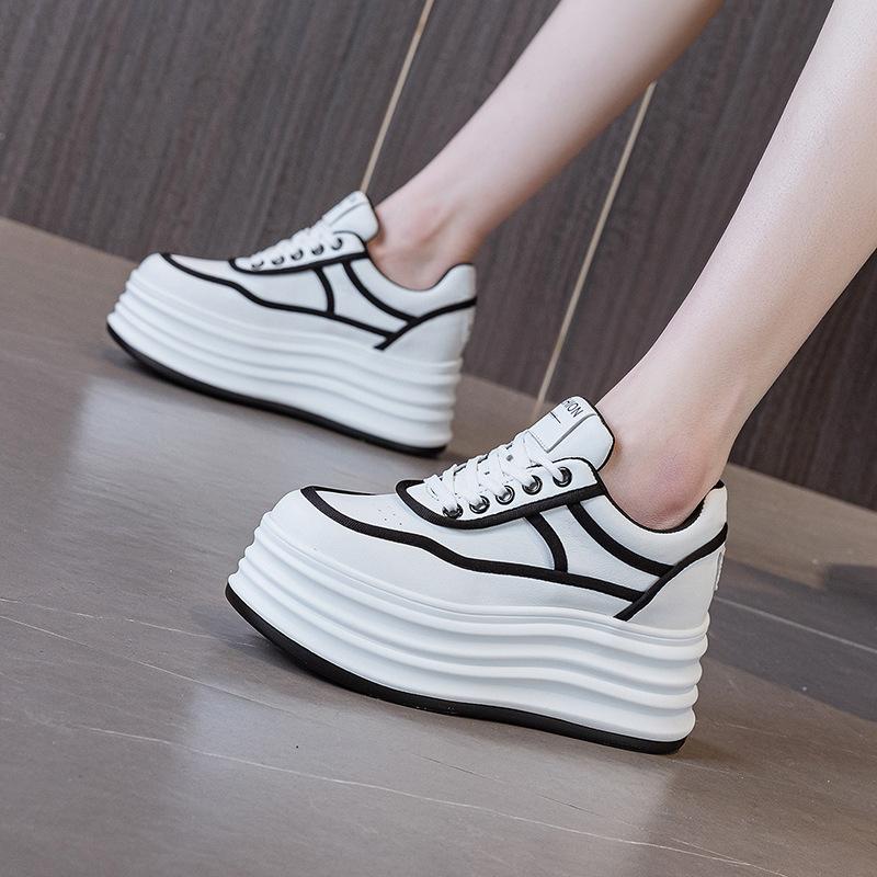 

Fashion 8CM Platform Wedge Sneakers Microfiber Leather Comfy Breathable Skate Board Vulcanized Chunky Hidden Heel Block Shoes 34